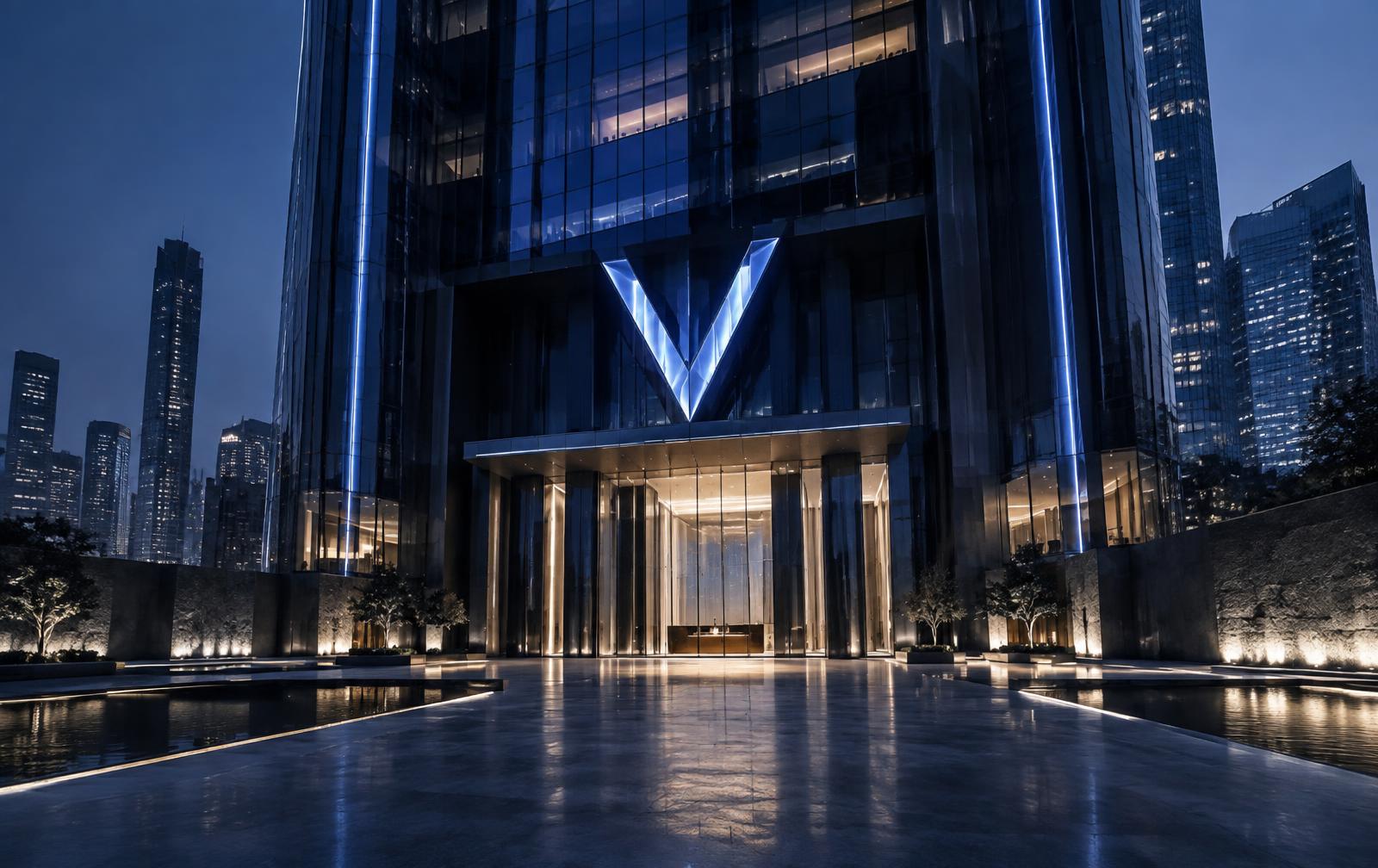 Visualização conceitual de um edifício corporativo com a identidade Velltry