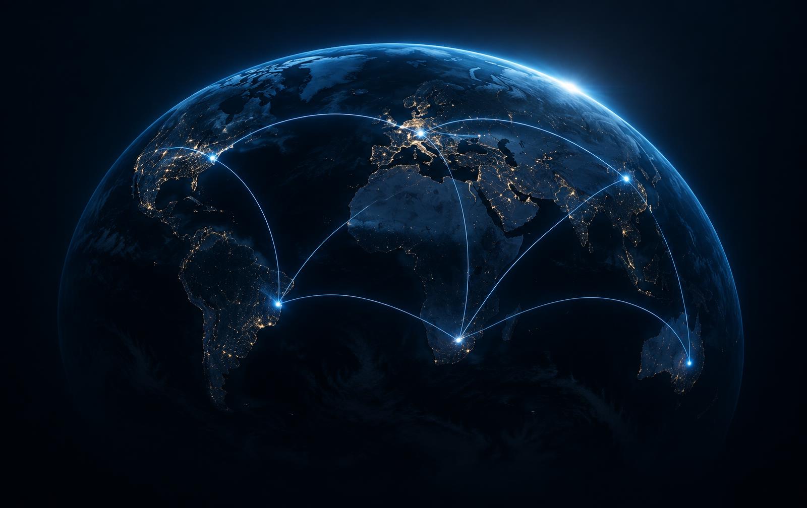 Globo conceitual com conexões internacionais em azul